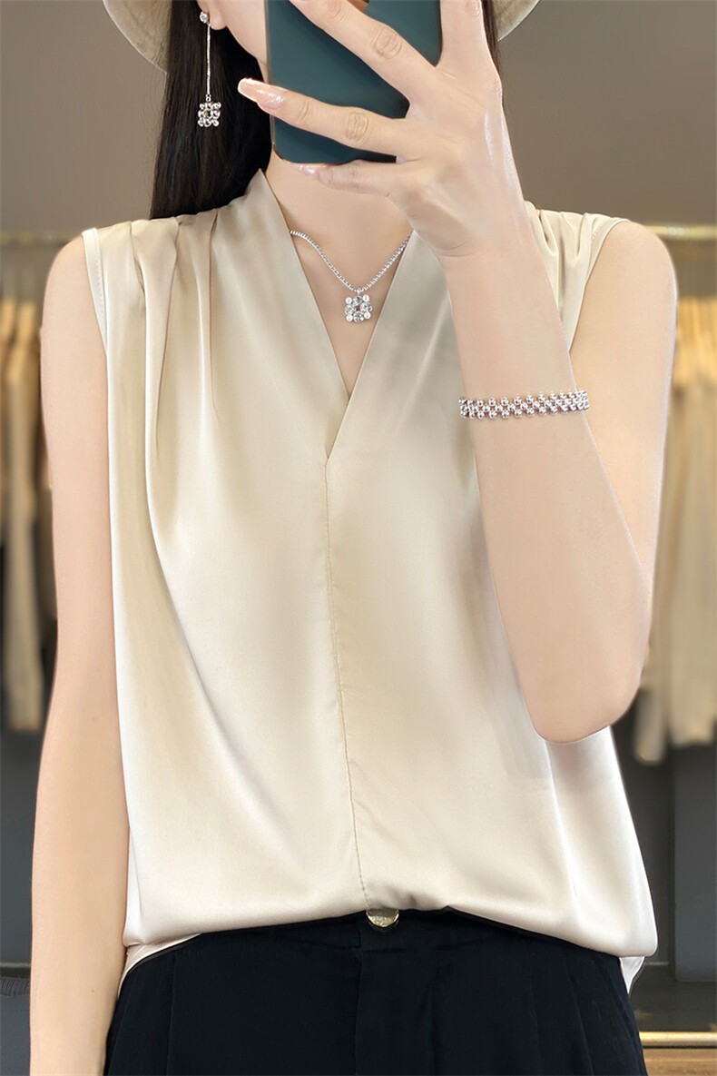 25新春夏无袖衬衣内搭上衣高端气质醋酸缎面仿真丝吊带背心女V领,女装背心吊带,朝贺羊绒