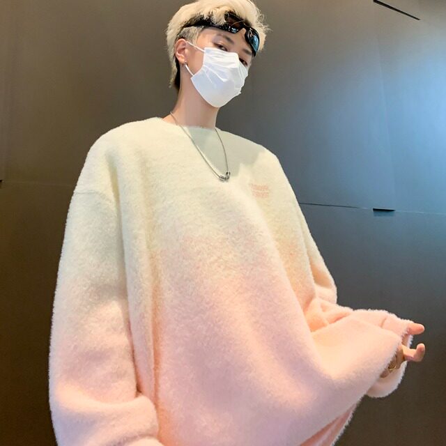 秋季渐变套头毛衣女慵懒风设计感小众水貂毛宽松针织上衣图片