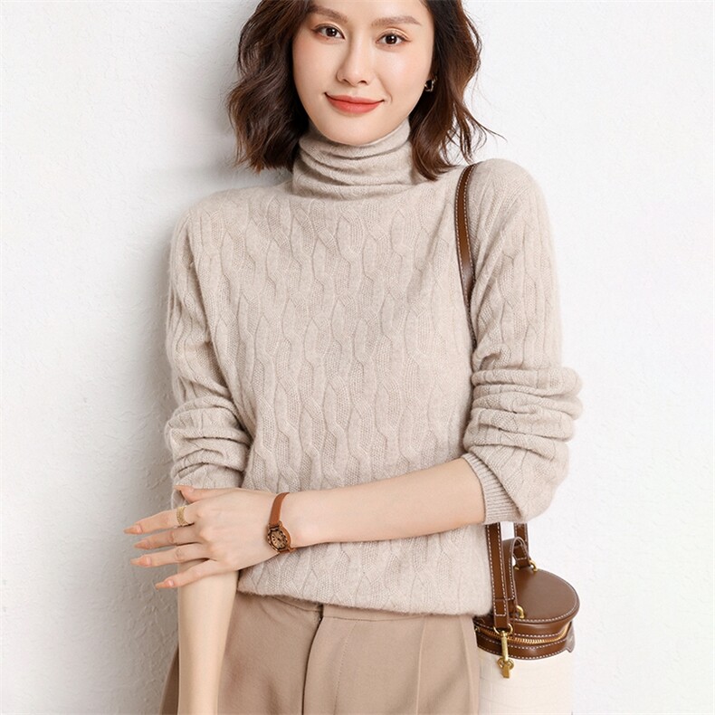 2024秋冬新款羊绒女士堆领绞花35%羊绒衫，女装羊绒衫，纳丰羊绒