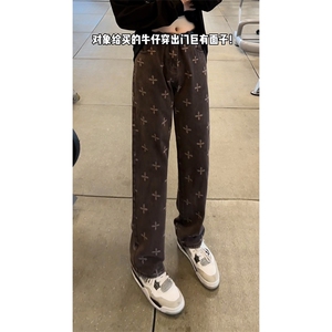 B221 美式ins高街暗黑提花修身微喇弹力牛仔裤 LK24214-特P45控78图片