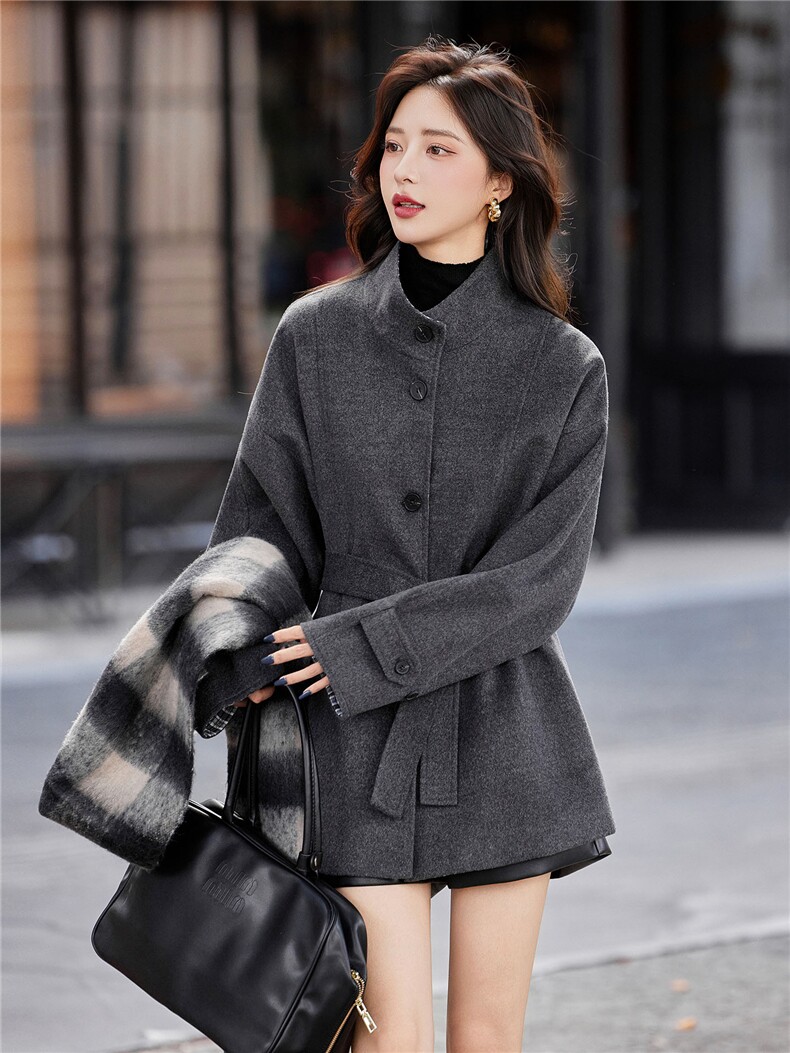 韩系格子拼接毛呢外套女2025秋冬新款系带显瘦百搭气质中长款大衣,女装毛呢外套,靓衣阁