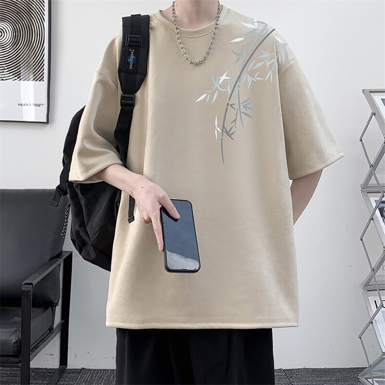 重磅麂皮绒小领口短袖T恤男夏季潮牌竹子印花宽松情侣款半袖体恤,男装T恤,电商A040