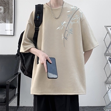 重磅麂皮绒小领口短袖T恤男夏季潮牌竹子印花宽松情侣款半袖体恤，男装T恤，电商A040