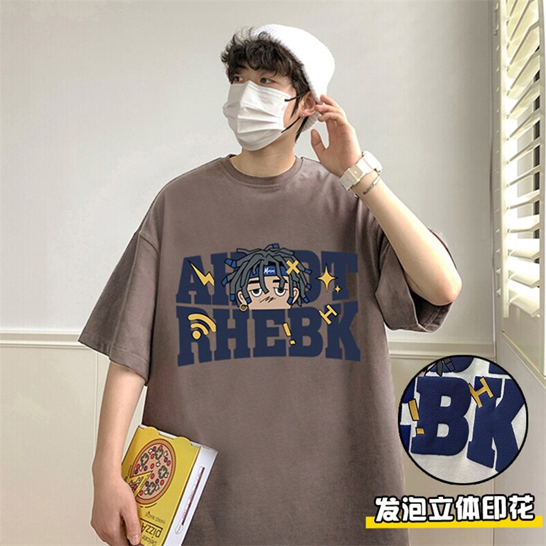 T662立体发泡印花大码宽松纯棉运动圆领体恤衫短袖T恤男重磅T,男装T恤,星座304A-1
