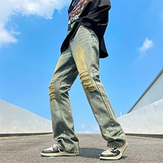 高街破洞牛仔裤男韩版染黄泥个性2024冬季新款ins长裤RK1239-P49，男装牛仔裤，星座412-2