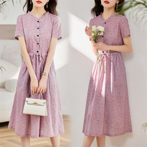 棉麻连衣裙夏季2025新款衣服大码女装高端精致气质碎花宽松长裙子图片
