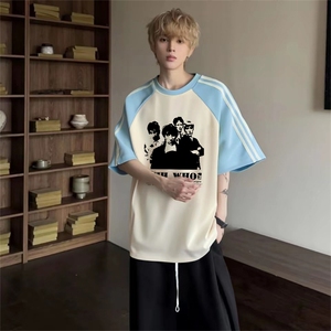 抖音得物品质二开240克宽松纯棉美式潮牌插肩三杠织带短袖T恤图片