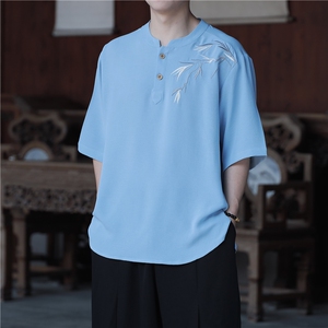 夏季冰丝新款立领短袖凉感风刺绣新中式大码垂感T恤男T812P55图片