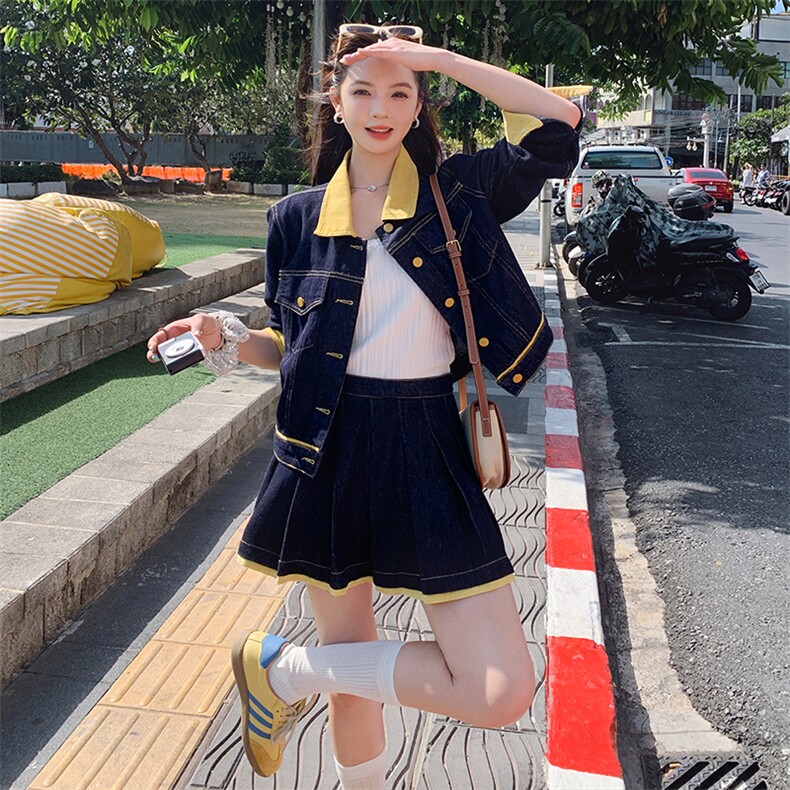 2C085-Q068P180牛仔撞色小香风套装+百褶裙两件套控258,女装套装/套裙,2C085