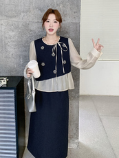 温柔系穿搭假两件小衫套装女秋季2025新款高级感显瘦半身裙两件套，女装套装/套裙，浙宝192（原082）