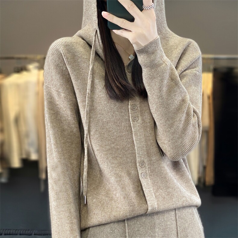 欧货针织开衫女春秋冬新款2023爆款宽松休闲连帽针织卫衣毛衣外套,针织衫/毛衣,大美人包芯纱店