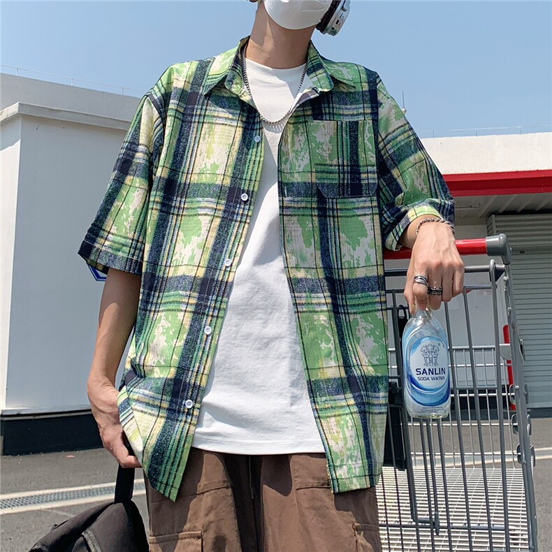 2025美式扎染印花冰丝凉感短袖五分袖格子衬衫CS1866/特P25绿3,男装T恤,电商A094