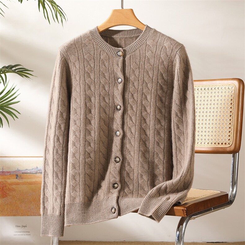 2025秋冬百搭时尚简约麻花圆领开衫针织羊绒衫，女装羊绒衫，澳坤羊绒