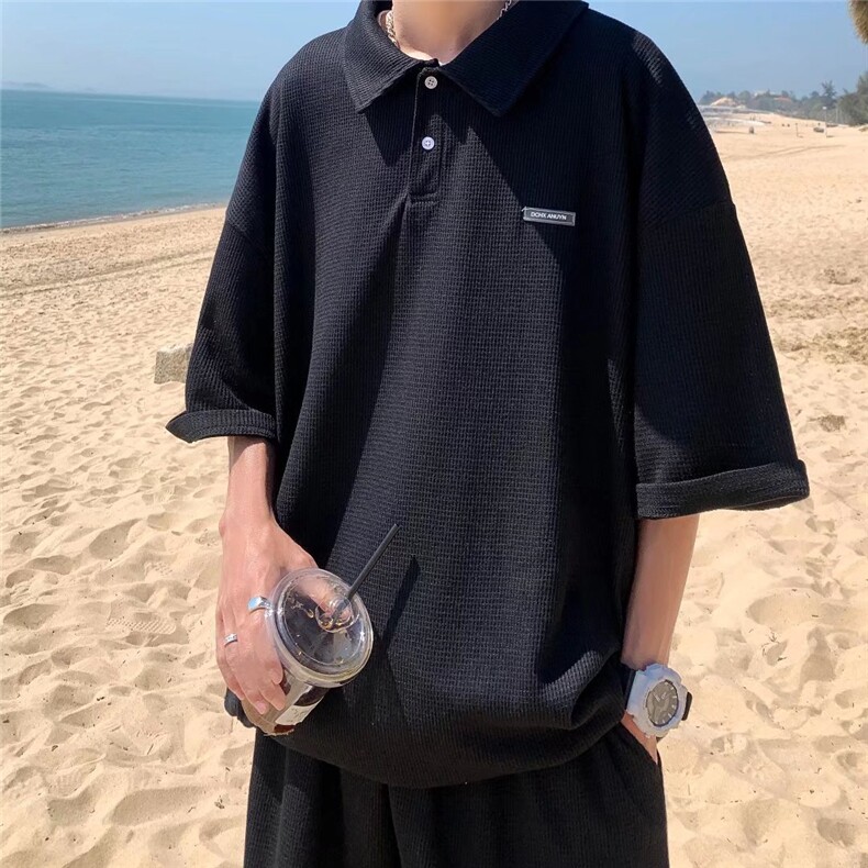 港风宽松polo衫运动短裤韩版潮流百搭华夫格套装两件套G50P38,男装休闲套装,星座1116-2