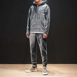 703-TZ172日系男士加绒冲锋卫衣套装金丝绒拼灯芯绒大码