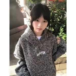 美式黑色小香风刺绣连帽卫衣女秋冬季新款宽松潮慵懒风套头外套图片