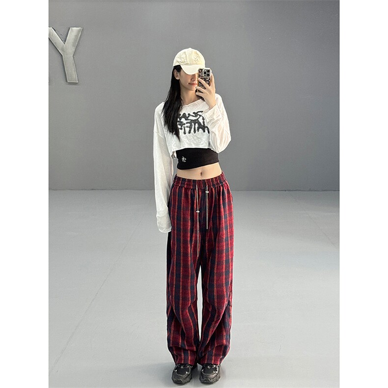 现货自家图美式红色格子毛呢宽松直筒阔腿休闲裤K661-P50控68，男装休闲裤，星座205-5