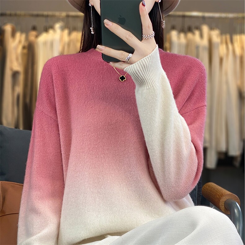 秋冬新款100%纯羊毛衫女圆领渐变色羊绒衫套头针织衫慵懒宽松毛衣,女装羊毛衫,片语羊绒