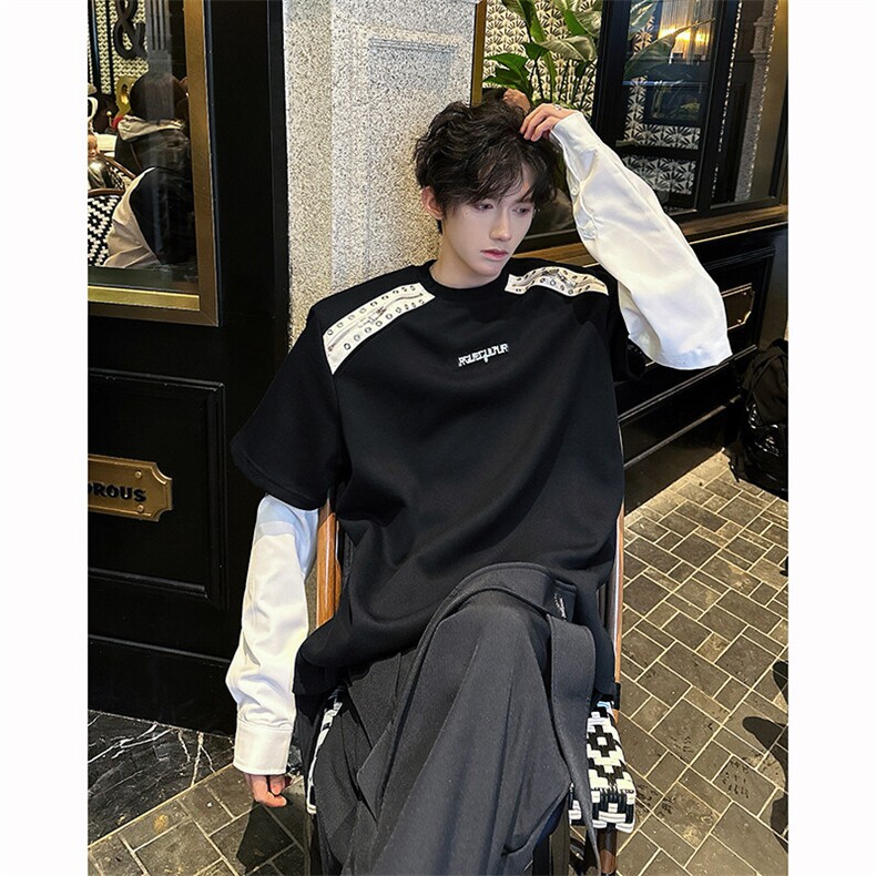 25春季撞色可拆卸衬衫袖金属铆钉垫肩T恤短袖DX174-P78,男装T恤,电商B288
