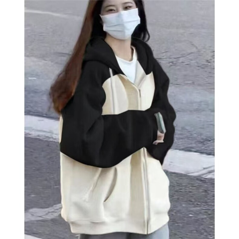 美式复古外套卫衣女2025新款早秋款宽松oversize连帽插肩撞色开衫图片