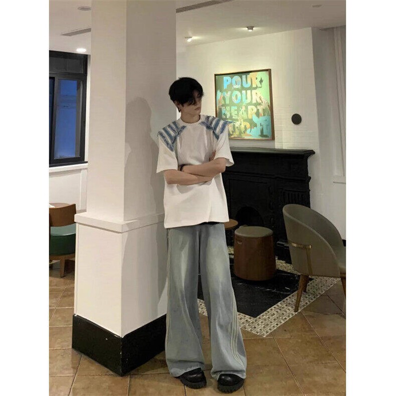 韩系ins高级感穿搭毛边短袖cleanfit设计感五分袖T恤夏季LG84-P41,男装T恤,星座1008