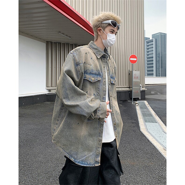 复古牛仔衬衫外套男重磅外套做旧宽松长袖春秋季衬衣M9855-P68图片
