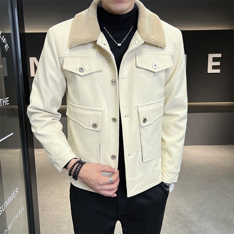2022灯芯绒羊羔毛外套男秋冬季棉服加绒加厚毛领工装羊羔绒棉衣,男装棉衣,电商B248