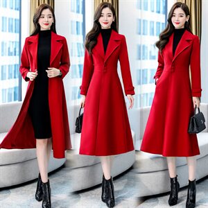 红色中长款双面羊绒大衣女秋冬显瘦本命年洋气西装领风衣毛呢外套图片