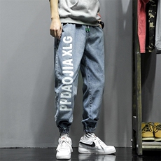 2021春季新款日系灰墙大码男字母印花束脚牛仔九分裤潮N8005-P50，男装牛仔裤，电商A001