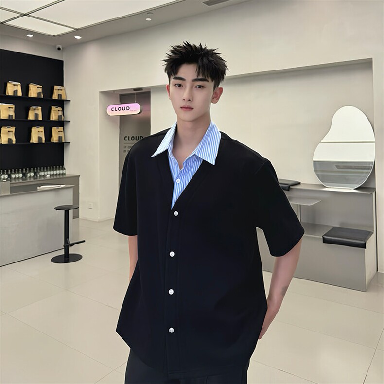 2025夏季韩系假两件男士撞色条纹Polo衫小众高级感短袖T恤D01/P75,男装Polo衫,星座305B
