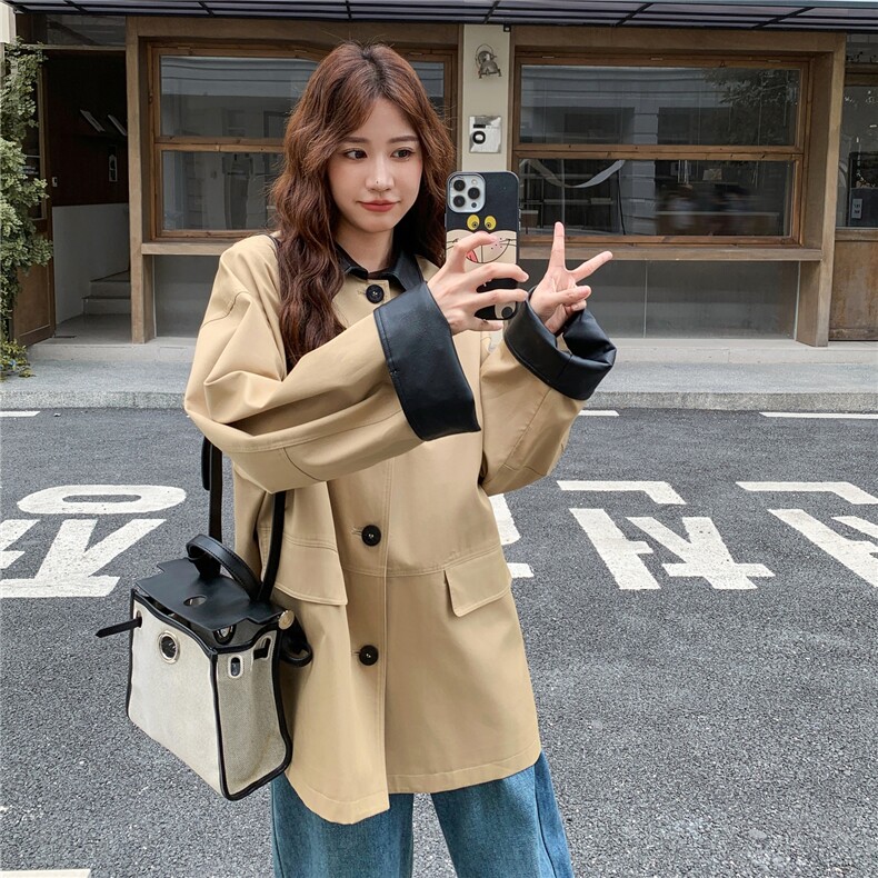 PU皮翻领卡其色风衣外套女春秋2025新款小个子大衣英伦风流行爆款,女装风衣,浙宝208