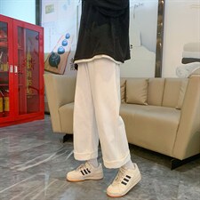 夏季潮流直筒现货港风纯色男抽绳松紧腰宽松牛仔裤D201-DM82-P45图片