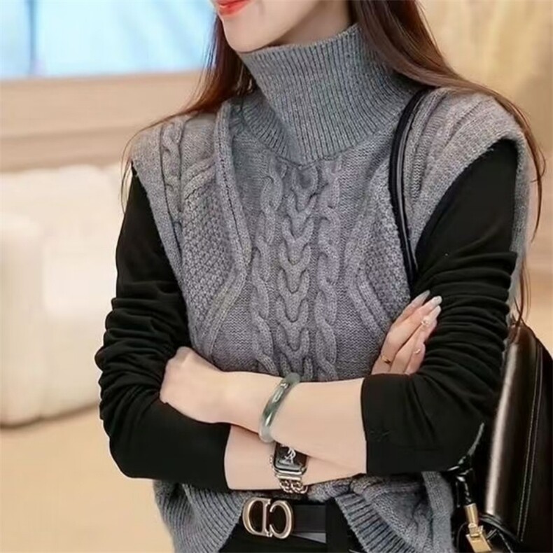 秋冬羊毛加厚高领绞花扣子马甲女宽松显瘦百搭针织背心,女装马甲,锦瑟羊绒