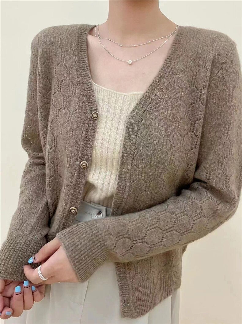 新款六边菱形镂空针织开衫女V领长袖宽松显瘦百搭毛衣外套图片