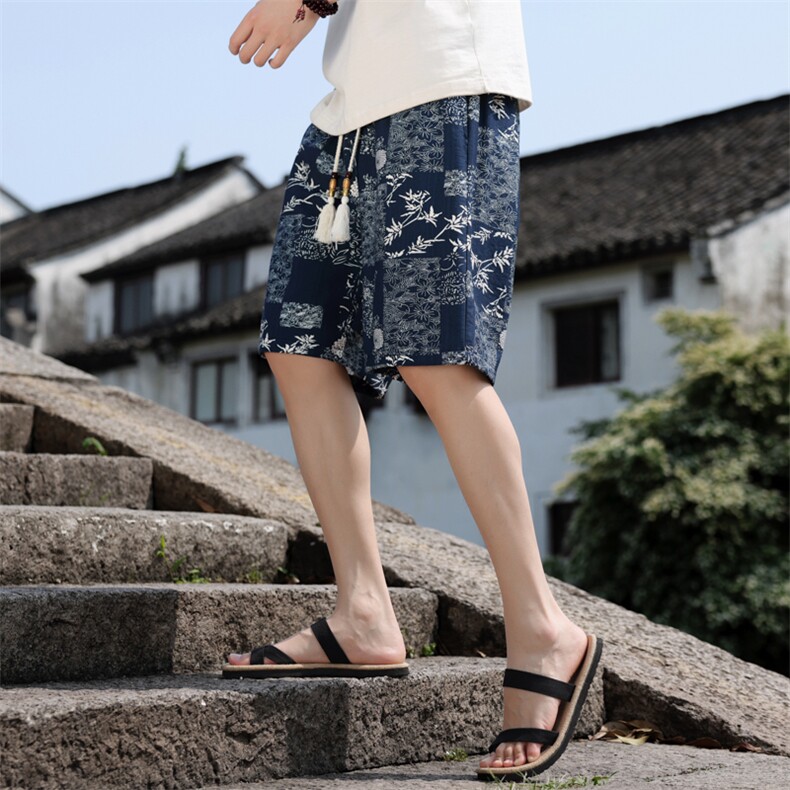 夏季亚麻棉麻印花风五分裤男宽松短裤个性A266-1-KZ773-P40图片