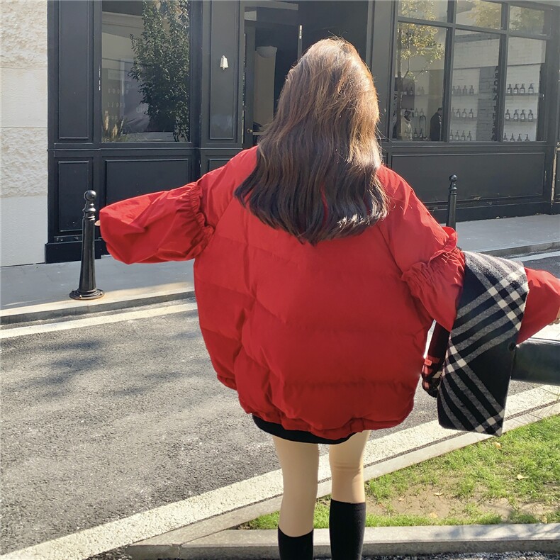 新年红色花边棒球羽绒服女2025新款韩版加厚宽松休闲90白鸭绒外套,女装羽绒服,维壹