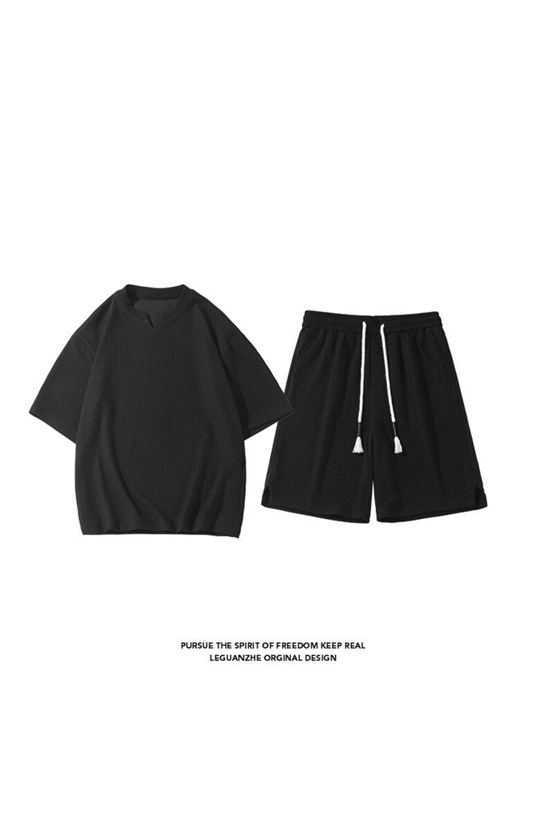 2024夏季新款港风白底大码V领短袖T恤套装M-5XHQ24486-P60,男装休闲套装,电商A022