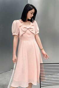 2022年夏季韩版通勤蝴蝶结中长款连衣裙图片