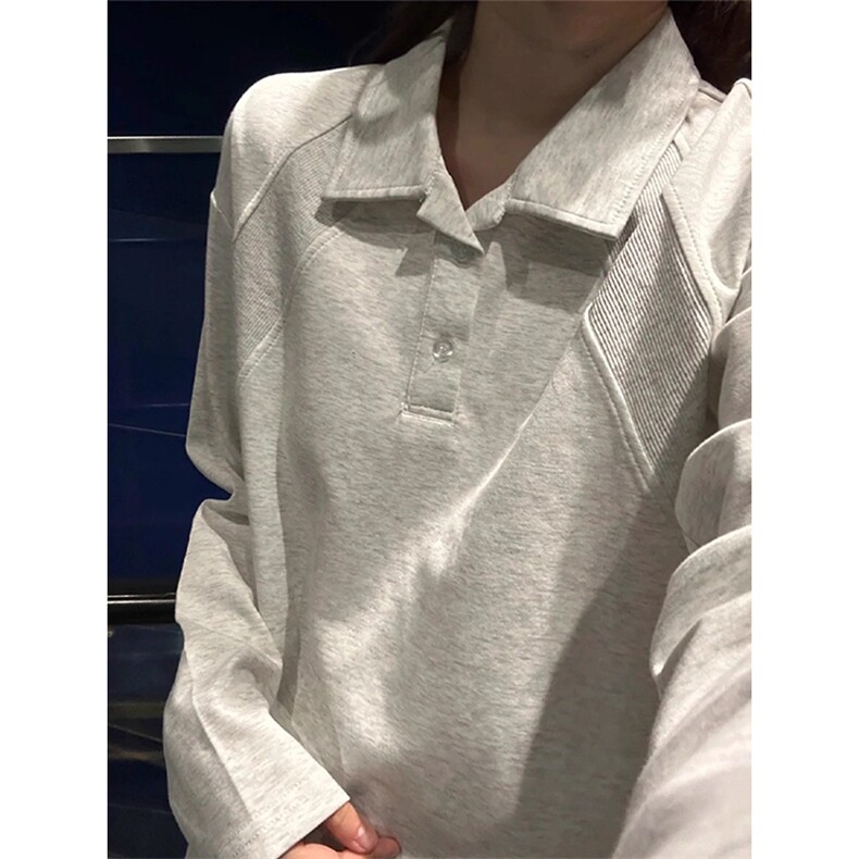 抖音得物高品质美式高街重磅曼巴棉结构螺纹拼接翻领卫衣长袖T恤,男装T恤,电商A486