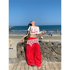叠穿蕾丝屁帘工装伞兵裤女设计感小式复古红色裤子宽松阔腿，女装休闲裤，星座1210-1