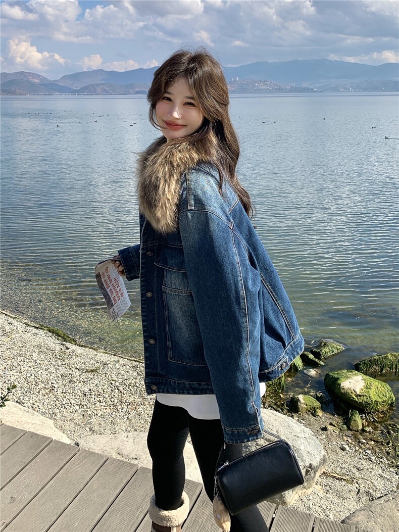 美式复古毛领羽绒内胆牛仔外套女中长小个子派克新款2025年冬季,女装羽绒服,艾米莉亚