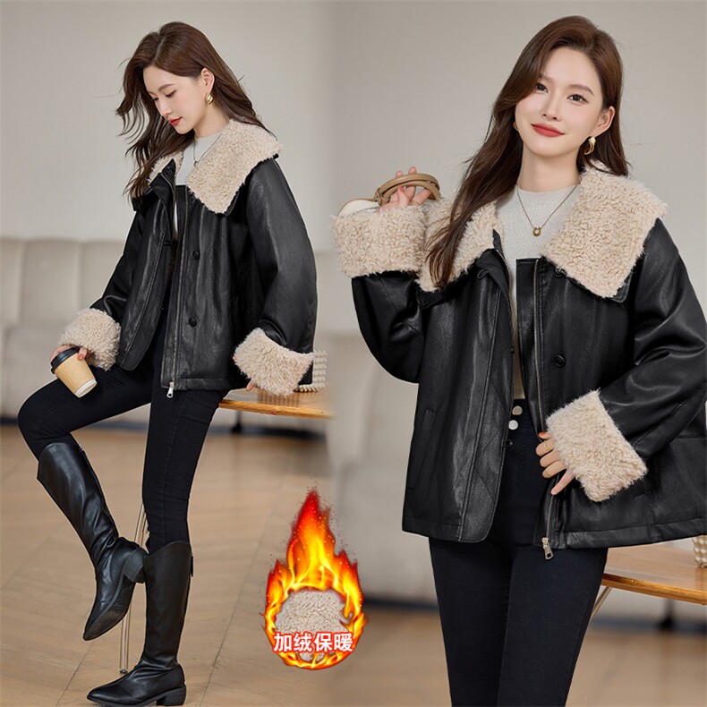 2025冬装新款简约时尚大翻领加绒皮衣外套羊羔毛，女装羊羔毛/颗粒绒，依万里