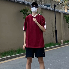 抖音得物高品质二开240克宽松纯棉美式潮牌三条杠织带短袖T恤，男装T恤，电商A486-1