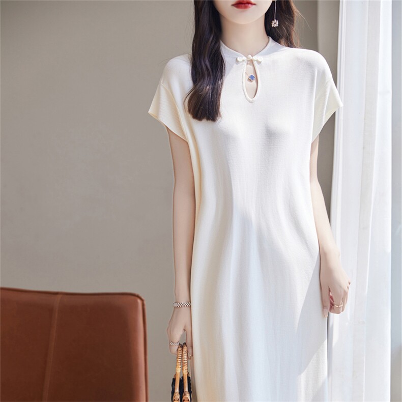 新中式国风改良旗袍连衣裙温柔气质纯色长裙子冰丝气质别致裙子，女装连衣裙，暖姿羊绒