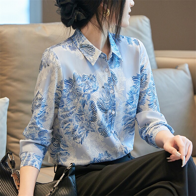 2025年夏季修身型常规百搭七分袖POLO领胡姬彩真丝衬衫,女装衬衫,帝知娇羊绒