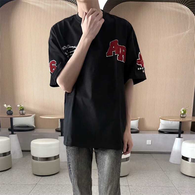 万针全刺绣工艺抖音得物高品质260克重磅纯棉双纱美式高街短袖T恤,男装T恤,电商A486