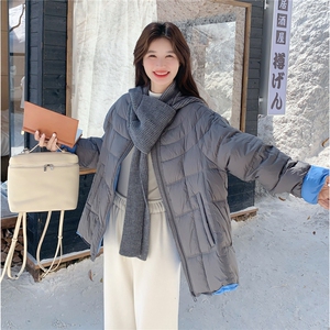欧货2025冬休闲百搭毛线围脖90白鸭绒羽绒服女中长款连帽显瘦外套图片