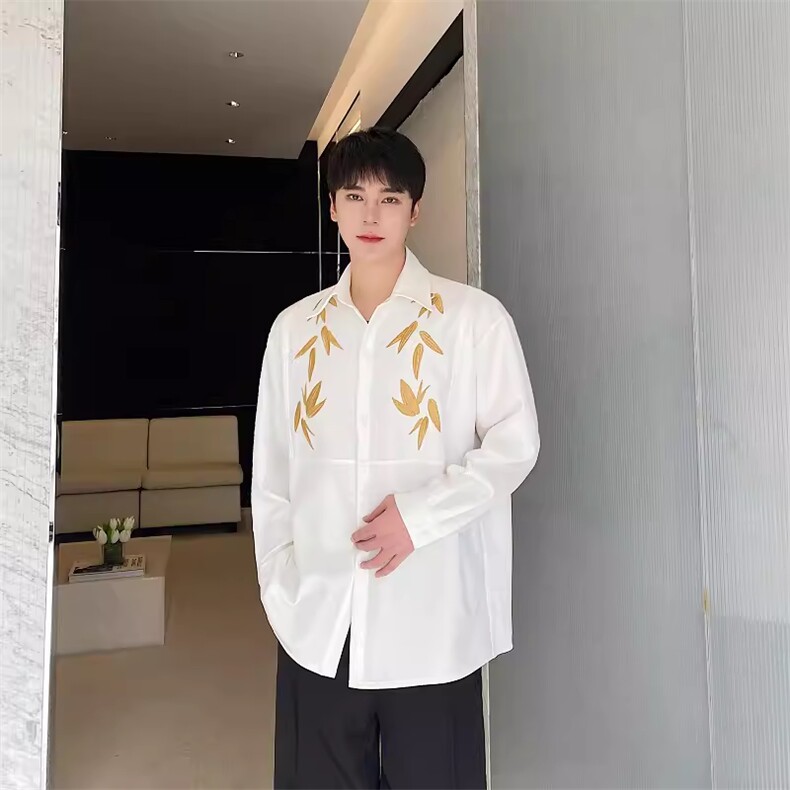 春季新款新中式刺绣翻领长袖男女衬衣潮流复古纯色风衬衫C203,男装衬衫,电商A345