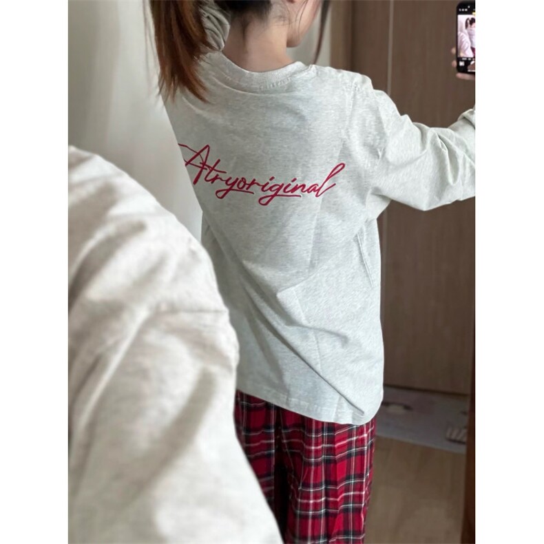 网图现货260G草写字体印花长袖T恤美式春秋男女体恤CT625-P35图片