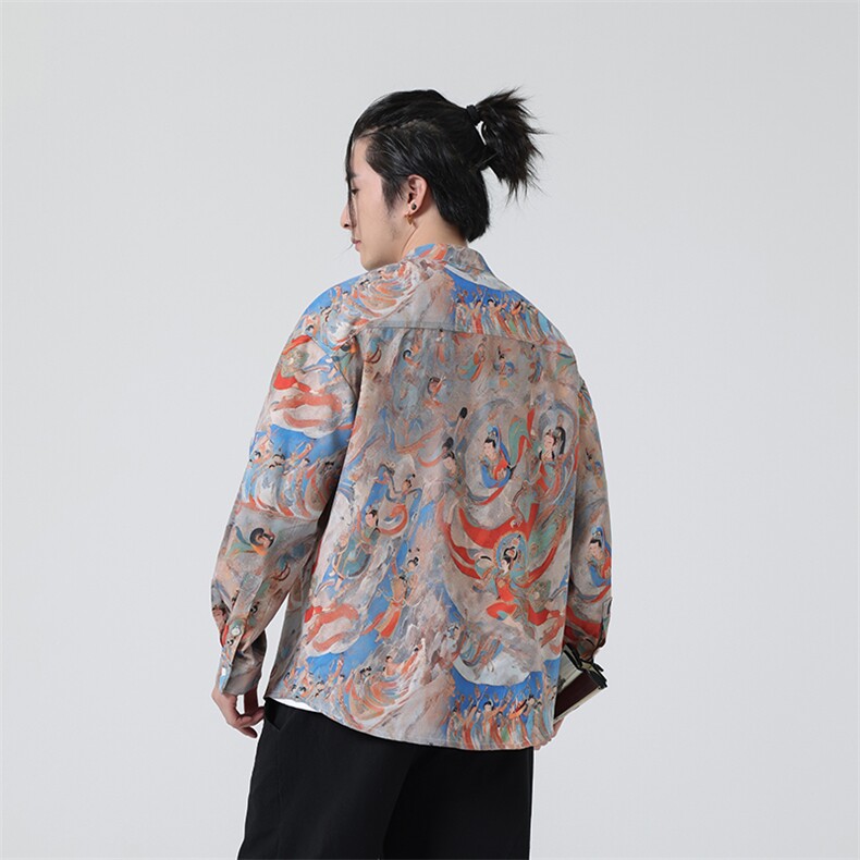 原创新中式春夏新品{敦煌壁画}数码印花风立领长袖衬衫31219,男装衬衫,星座305A（原312A-1）